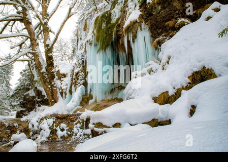 Cascade de glace, mousse, Schleierfälle, rivière Ammer, Bavière, Ammergau Alpes, glaçons, eau, réserve naturelle, papier peint, hiver, neige, gelé, froid, pittoresque Banque D'Images