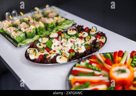 Assiettes de hors-d'œuvre colorées avec œufs dévorés et légumes frais Banque D'Images