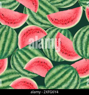 Pastèque entière, tranche juteuse avec quelques graines. Motif sans couture d'aquarelle sur fond vert foncé, dessiné à la main pour la crème glacée, conception de produits de fruits Banque D'Images