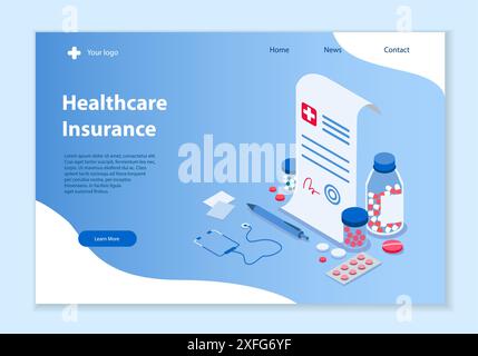 Modèle de site Web créatif du concept d'assurance santé, illustration vectorielle isométrique 3D, pour la conception graphique et Web Illustration de Vecteur