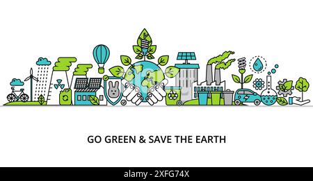 Concept de Go green et sauver la terre, illustration vectorielle de conception de ligne mince plate moderne, pour la conception graphique et web Illustration de Vecteur