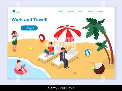 Concept de travail et de voyage, modèle de site Web créatif, illustration vectorielle de conception plate moderne, pour la conception graphique et web Illustration de Vecteur