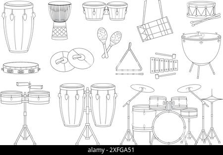 Ensemble d'illustration vectorielle d'instruments de musique à percussion pour la coloration dans le style de bande dessinée isolé sur fond blanc Illustration de Vecteur