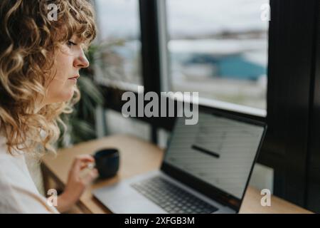 Vue latérale des idées de pensée de femme d'affaires focalisée tout en étant assis avec un ordinateur portable à la maison Banque D'Images
