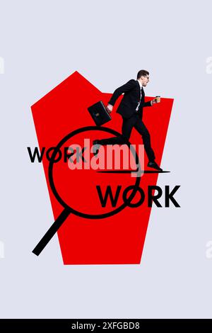 Collage de photos vertical de proposition de vacance d'homme managé insatisfait embauche tenir porte-documents tasse à café recrutement isolé sur fond peint Banque D'Images