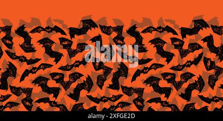 Vecteur dessiné à la main orange de chauves-souris halloween motif de frontière horizontale. Convient pour carte d'invitation, affiche de fête d'halloween ou emballage cadeau. Illustration de Vecteur