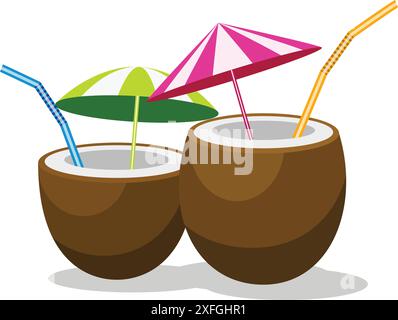 Deux cocktails à la noix de coco vous attendent sur une plage ensoleillée Illustration de Vecteur