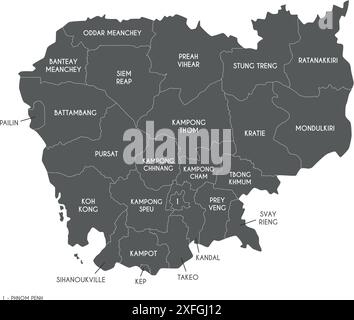 Carte régionale vectorielle du Cambodge avec les provinces et les divisions administratives. Calques modifiables et clairement étiquetés. Illustration de Vecteur
