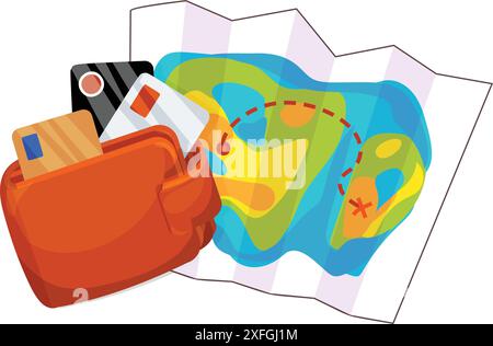 Portefeuille orange avec cartes de crédit et argent liquide couché sur une carte au trésor montrant le chemin vers le coffre au trésor Illustration de Vecteur