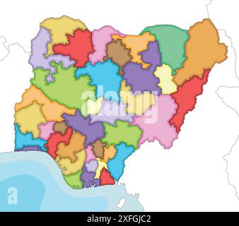 Vector illustré carte vierge régionale du Nigéria avec les états et les divisions administratives, et les pays et territoires voisins. Modifiable et cl Illustration de Vecteur