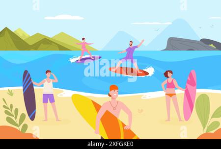 Activités de loisirs des surfeurs. Personne féminine masculine heureuse sur planche de surf Ocean wave hawaii plage tropicale, personnages de surfeur amusant sport extrême mer été illustration vectorielle de fond Illustration de Vecteur