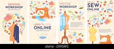 Affiche de couturière. Équipement de studio de couture affiches d'atelier de passe-temps faites à la main, tailleur de service de vêtements de couture artisanale ou illustration vectorielle de publicité de designer de vêtements d'affaires de couture de robe Illustration de Vecteur