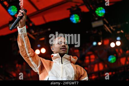 Roskilde, Danemark. 03 juillet 2024. Le rappeur danois Lamin ouvre le Roskilde Festival 2024 sur scène Orange mercredi 3 juillet 2024. (Photo : Torben Christensen/Scanpix 2024) crédit : Ritzau/Alamy Live News Banque D'Images