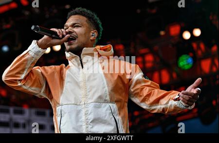 Roskilde, Danemark. 03 juillet 2024. Le rappeur danois Lamin ouvre le Roskilde Festival 2024 sur scène Orange mercredi 3 juillet 2024. (Photo : Torben Christensen/Scanpix 2024) crédit : Ritzau/Alamy Live News Banque D'Images