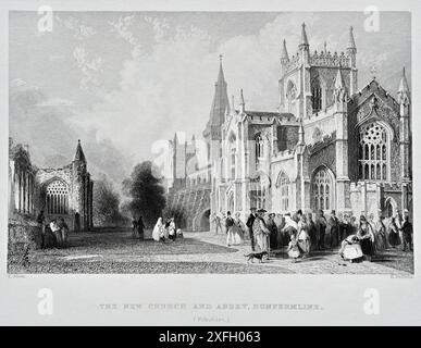 New Church et Dunfermline Abbey, Dunfermline, Écosse, gravure vintage de 1840 Banque D'Images