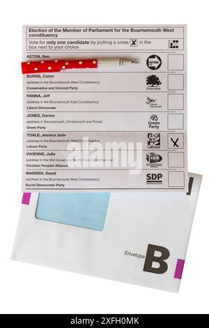 Candidats pour la circonscription de Bournemouth West sur bulletin de vote pour les élections législatives générales de 2024 au Royaume-Uni - X contre le parti travailliste - vote Banque D'Images