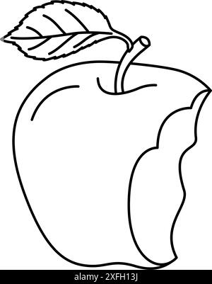 Une pomme mordue avec un ensemble d'icônes d'art de ligne de feuille. Mangé des fruits. Illustration vectorielle noire et blanche de style doodle dessinée à la main pour la page de coloriage. Illustration de Vecteur