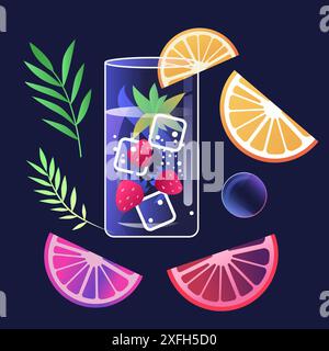 Boisson rafraîchissante avec des glaçons fraises tranches d'agrumes et feuilles vertes sur fond sombre Illustration de Vecteur