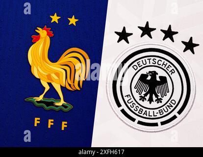 Gros plan de l'écusson de l'équipe nationale de football sur la tenue domicile. UEFA EURO 2024. Banque D'Images