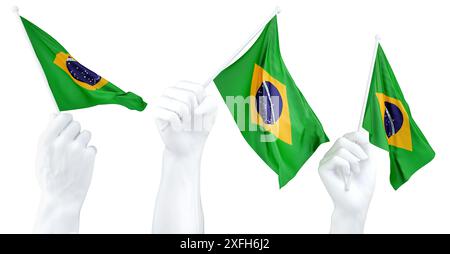 Mains agitant le drapeau du Brésil isolé sur blanc. Rendu 3D. Banque D'Images