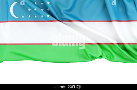 Drapeau de l'Ouzbékistan isolé sur fond blanc avec espace de copie ci-dessous. Rendu 3D. Banque D'Images