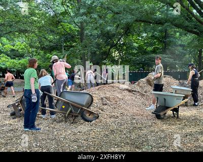 Des bénévoles redistribuent le paillis à Prospect Park à Brooklyn, NY. Le paillis aide les arbres à pousser, réduit les mauvaises herbes, préserve l'humidité du sol et minimise l'érosion du sol. Banque D'Images