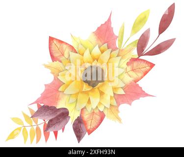 Illustration d'automne d'aquarelle avec tournesols, feuilles d'automne, baies isolées sur fond blanc. Composition florale dessinée à la main. Clipart rustique. Banque D'Images