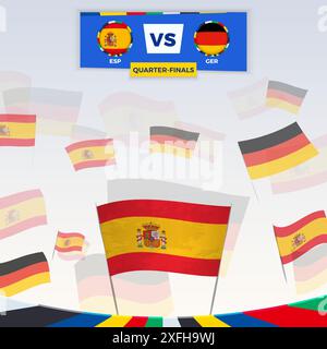Les fans de football acclament avec des drapeaux pour le match entre l'Espagne et l'Allemagne. Illustration sportive pour la compétition de football en Europe. Modèle vectoriel. Illustration de Vecteur
