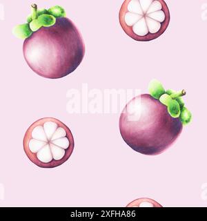 Motif sans couture de mangoustan violet. Illustration de fruits à l'aquarelle tropicale isolée sur fond. Pour les concepteurs, décoration de spa, cartes postales, mariage, Banque D'Images