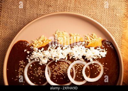 Enmoladas de poulet. Aussi connu sous le nom de mole poblano enchiladas, ils sont un plat mexicain typique qui est très populaire au Mexique et dans le reste du monde. Banque D'Images