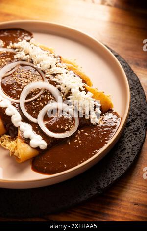 Enmoladas de poulet. Aussi connu sous le nom de mole poblano enchiladas, ils sont un plat mexicain typique qui est très populaire au Mexique et dans le reste du monde. Banque D'Images