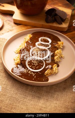 Enmoladas de poulet. Aussi connu sous le nom de mole poblano enchiladas, ils sont un plat mexicain typique qui est très populaire au Mexique et dans le reste du monde. Banque D'Images