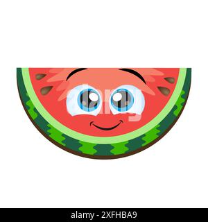 Mignon Cartoon Watermelon Slice personnage avec des yeux drôles et sourire. Illustration vectorielle de fond d'été emoji heureux. Les enfants adorent la pastèque. L'illust Illustration de Vecteur