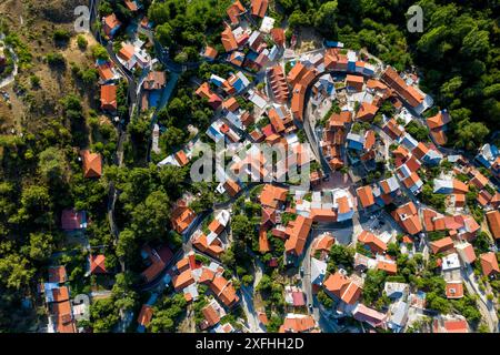 Vue drone montrant de minuscules maisons de village Foini avec des toits rouges au milieu de la forêt. District de Limassol, Chypre Banque D'Images