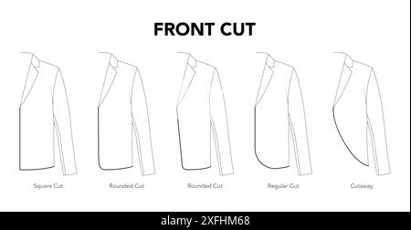 Set of Front Cut Jacket Top détails - carré, arrondi Cutaway Regular styles illustration de mode technique. Vue avant du modèle de vêtement plat. Femme, homme unisexe CAD maquette isolé Illustration de Vecteur