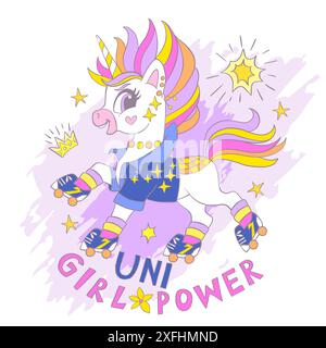 Carte de voeux avec licorne de dessin animé mignonne sur patins à roulettes et lettrage Uni Girl Power. Illustration vectorielle en couleurs pastel. Concept d'anniversaire. Pour PRI Illustration de Vecteur