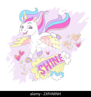 Carte de voeux avec licorne de dessin animé mignonne avec des ailes et le lettrage Make Your Dreams Come True. Illustration vectorielle en couleurs pastel. Concept d'anniversaire. F Illustration de Vecteur