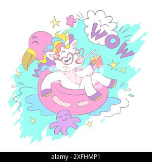 Carte de voeux avec licorne mignonne dans un flamant circulaire gonflable dans l'eau et lettrage Wow. Illustration vectorielle en couleurs pastel. Concept d'anniversaire. F Illustration de Vecteur