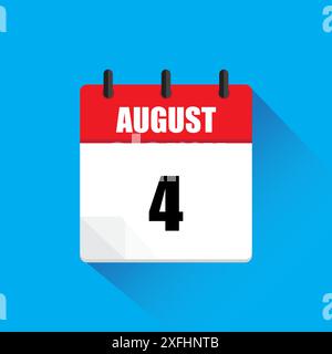 Illustration de l'icône de calendrier. Quatre août. Motif rouge et blanc. Ombre de fond bleue. Illustration de Vecteur