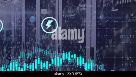 Illustration de plusieurs graphiques et icônes sur des points connectés sur des racks de serveurs de données dans la salle des serveurs Banque D'Images