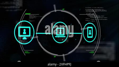 Image d'organigramme d'icônes et de cercles sur le langage informatique sur fond noir Banque D'Images