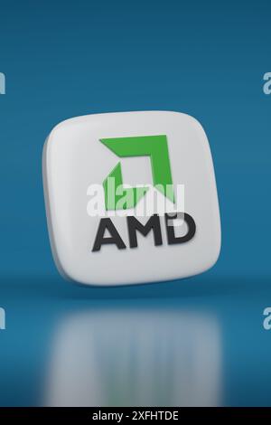 Logo AMD en trois dimensions sur fond bleu. illustration 3d. Banque D'Images