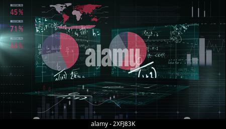 Traitement de données statistiques contre des écrans avec équations mathématiques sur fond noir Banque D'Images