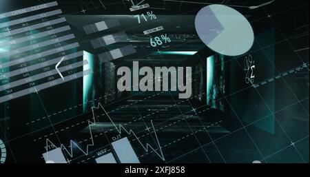 Traitement de données statistiques contre des écrans avec équations mathématiques sur fond noir Banque D'Images