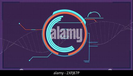 Image du balayage de l'oscilloscope et du traitement des données sur une grille violette et une chaîne d'adn Banque D'Images