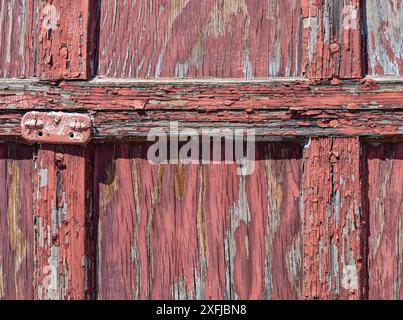 Détail de la peinture pelable sur la porte en bois d'un quai de chargement d'un ancien dépôt ferroviaire Banque D'Images