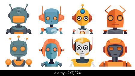 Ensemble vectoriel d'icônes de divers robots. Collection d'illustrations plates d'avatars cyborgs isolés du fond. Jouets automates Illustration de Vecteur