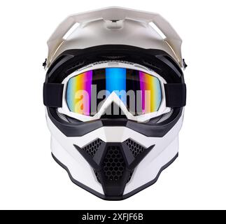 Casque intégral noir blanc de motocross ou enduro Downhill Crash avec des lunettes de sécurité de fond isolé. Banque D'Images