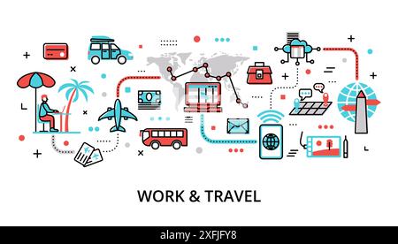 Infographie travail et concept de voyage, illustration vectorielle moderne de ligne mince plate, pour la conception graphique et web Illustration de Vecteur