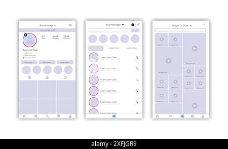 Ensemble de modèles de page Web d'applications photo et vidéo, interface utilisateur moderne et maquette de contenu pour site Web, concept de médias sociaux, vecteur de conception plat Illustration de Vecteur